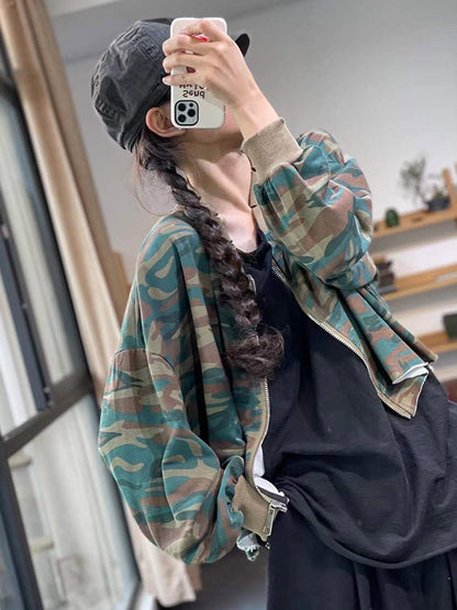 Casual Zipper V-Neck Camouflage Printed Long Sleeves Outerwear