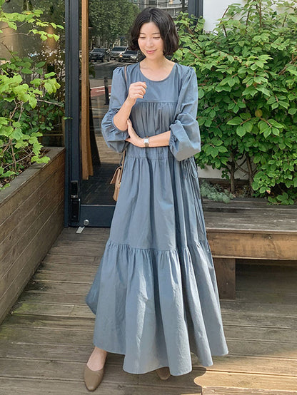 Casual Solid Color Pleated Drawstring Round-Neck Long Sleeves Midi Dress