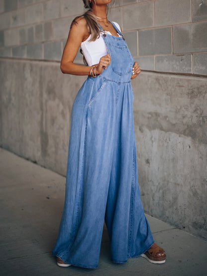 Casual Denim Blue Wide Leg Overalls