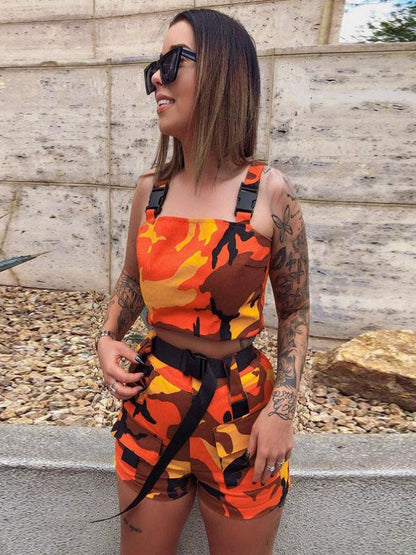 Camo Printed Tanks And Belted Shorts Suits