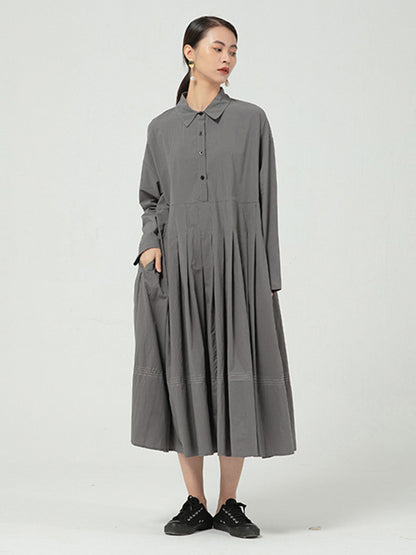 Casual Solid Color Buttoned Pleated Lapel Collar Long Sleeves Midi Dress