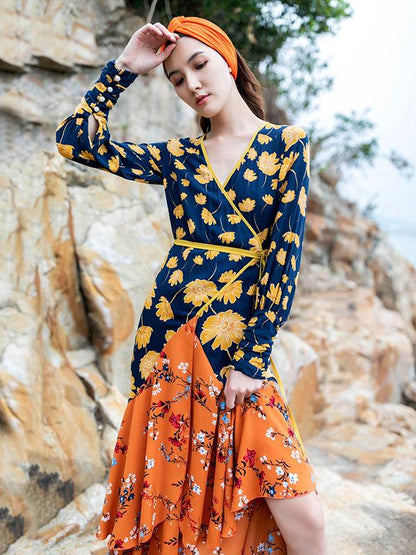 Asymmetric Long Sleeves Bohemia Wrap Dress