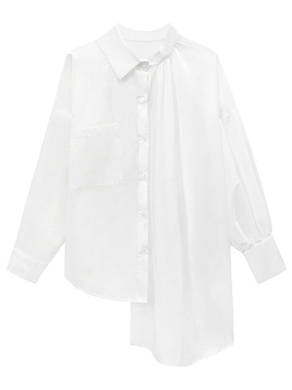 Irregular Casual Solid Color Pleated Buttoned Lapel Collar Long Sleeves Blouse