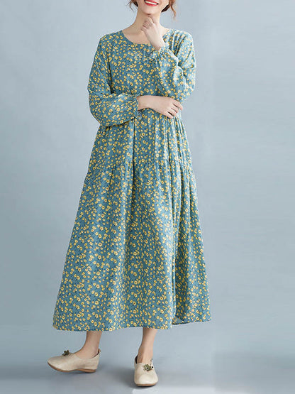 Artistic Retro Floral Printed Pleated Round-Neck Long Sleeves Midi Dress