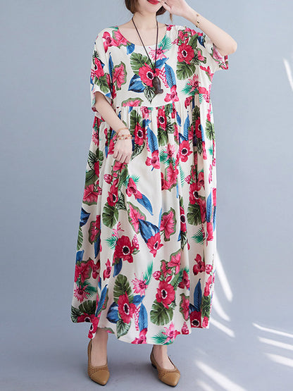Artistic Retro Loose Floral Printed Pleated Round-Neck Half Sleeves Midi Dress