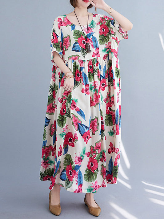 Artistic Retro Loose Floral Printed Pleated Round-Neck Half Sleeves Midi Dress