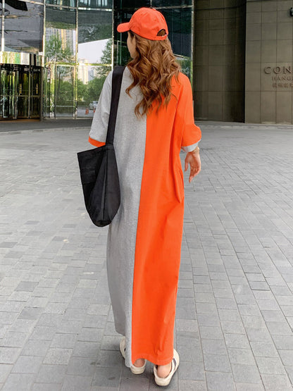 Casual Color Matching Round-Neck Long Sleeves Maxi Dress