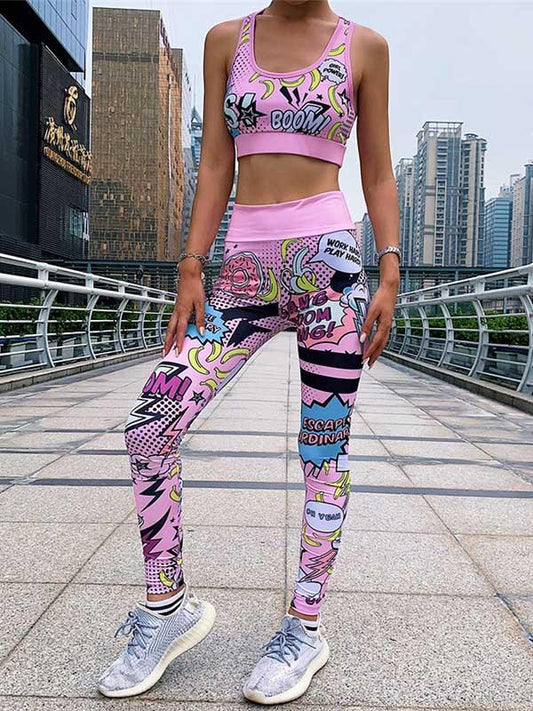 Racerback Cartoon Print Tanks And Leggings Sport Suits