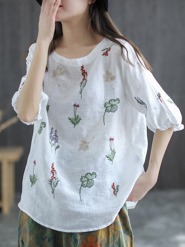 Ramie Cotton Embroidered Round-Neck Short Sleeve T-Shirts Tops