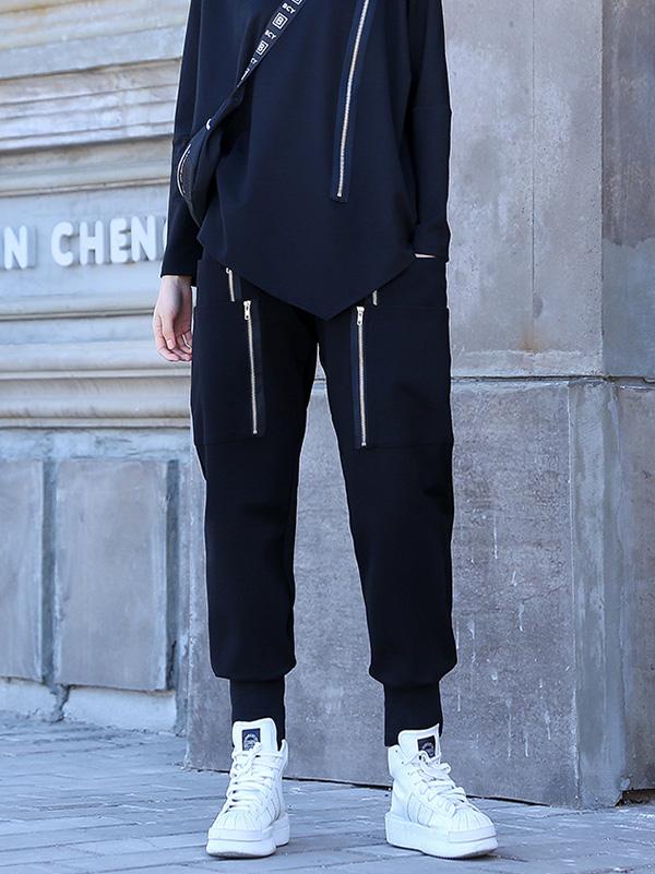Loose Solid Pocket Zipper Overall Pants