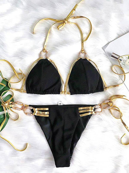 Solid Color Bandage Split Bikini Swimsuit