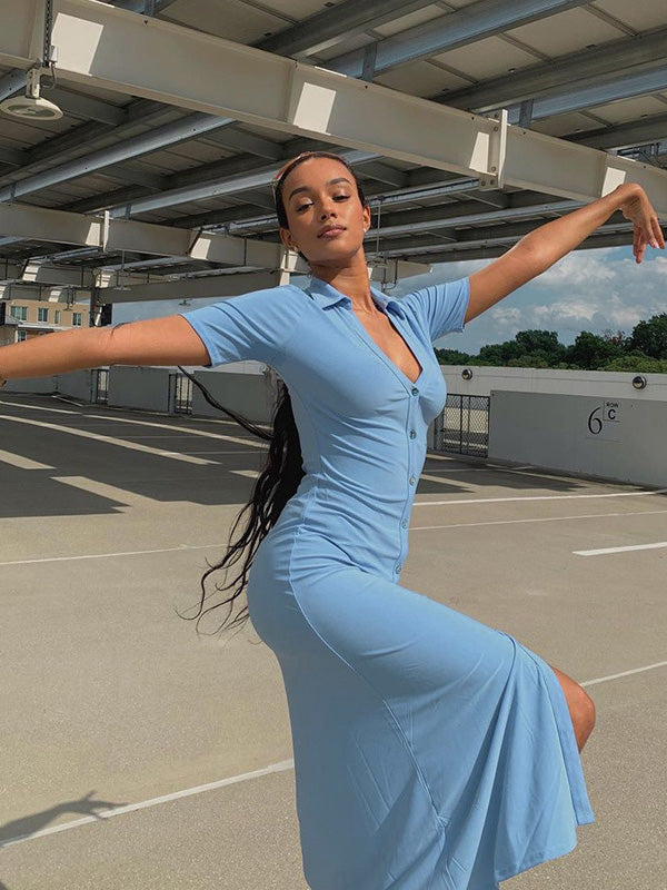 Simple Solid Color Lapel V-Neck Split-Front Midi Dress