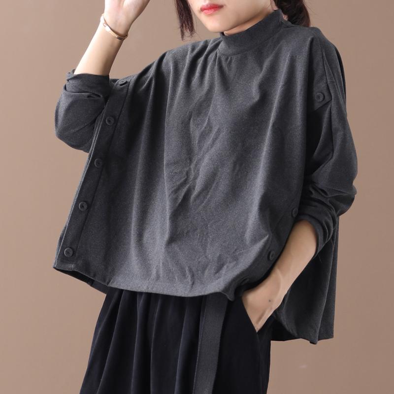 Buykud Literary Half-high Collar Button Decoration Shirt