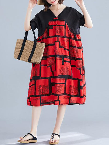 Cotton Linen Printed  V-neck Dress