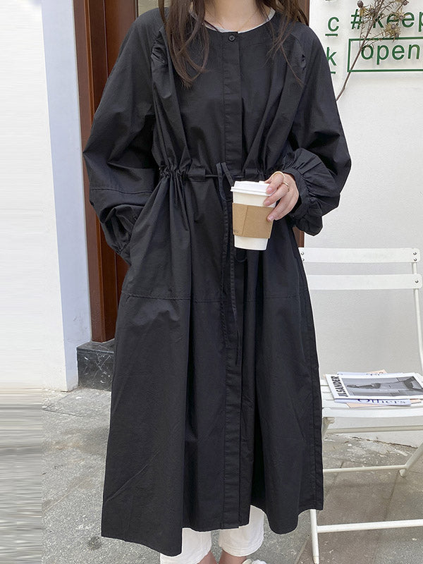 Casual Loose Solid Color Pleated Buttoned Elasticity Drawstring Round-Neck Long Sleeves Outwear