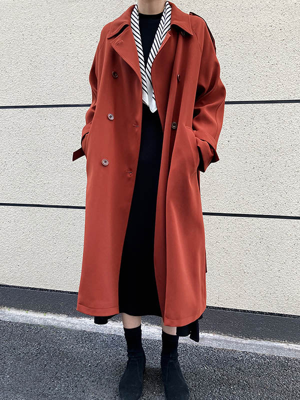 Chic Solid Color Buttoned Tied Notched Collar Long Sleeves Trench Coat