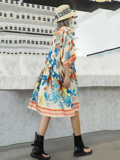 Casual Retro Printed Collect Waist Mini Dress