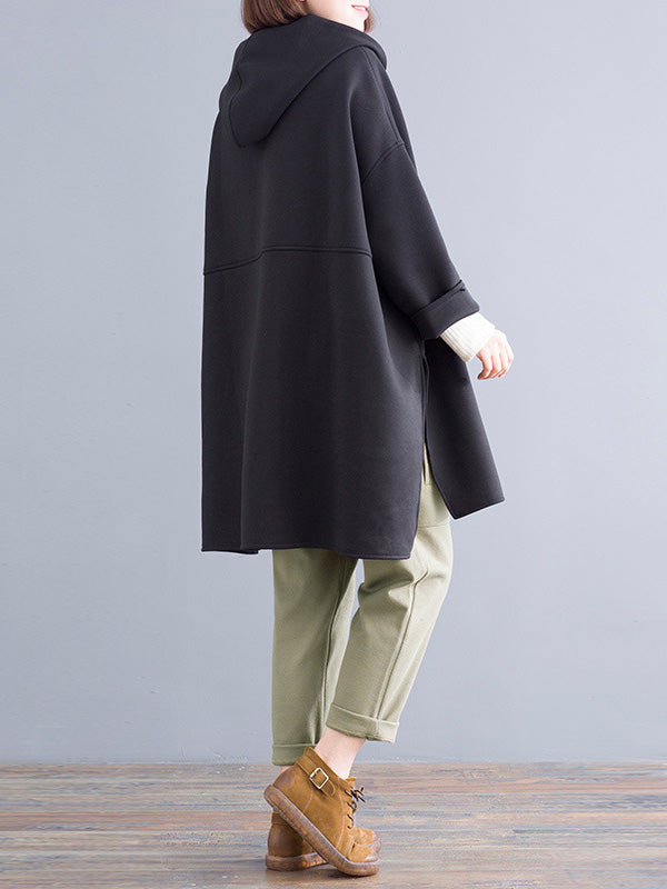 Casual Loose Solid Color Zipper Hooded Batwing Sleeves Outwear