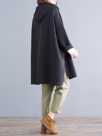 Casual Loose Solid Color Zipper Hooded Batwing Sleeves Outwear