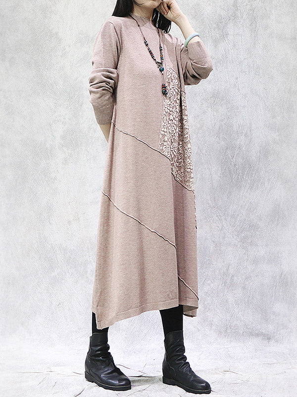 Artistic Retro Solid Color Split-Joint Embroidered High-Neck Long Sleeves Knitted Sweater Dress