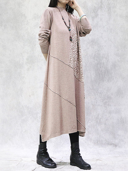 Artistic Retro Solid Color Split-Joint Embroidered High-Neck Long Sleeves Knitted Sweater Dress