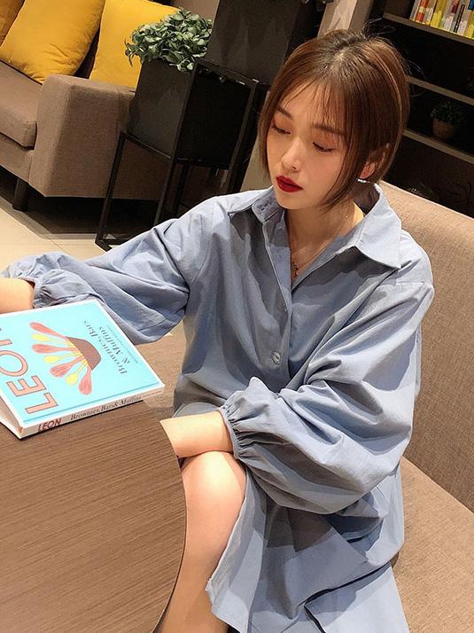 See-through Loose Solid Bloomers Shirt Mini Dresses