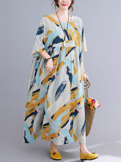 Artistic Retro Abstract Printed Pleated Round-Neck Half Sleeves Midi Dress