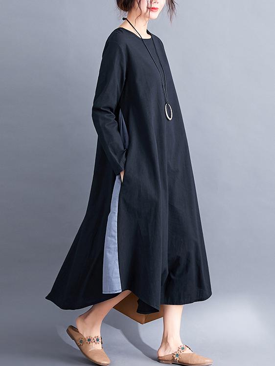 Loose Simple Black Split-joint Round-neck Long Dress