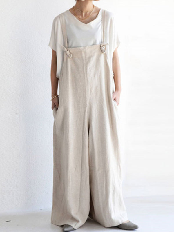 Simple Ramie Cotton Solid Color Wide Leg Overalls