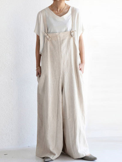 Simple Ramie Cotton Solid Color Wide Leg Overalls
