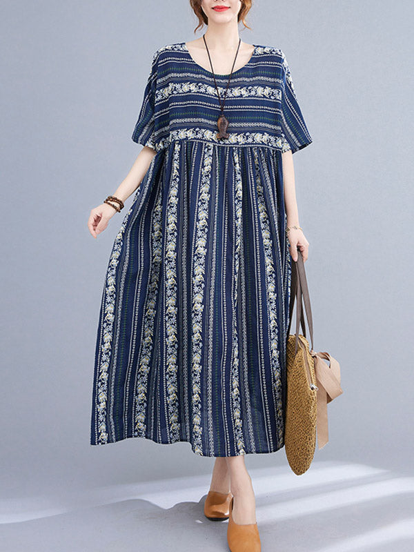 Vintage Striped Printed Round-Neck Short Sleeves Midi Dress