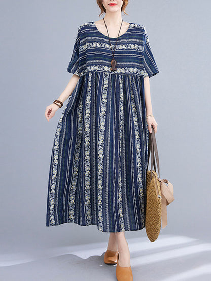 Vintage Striped Printed Round-Neck Short Sleeves Midi Dress