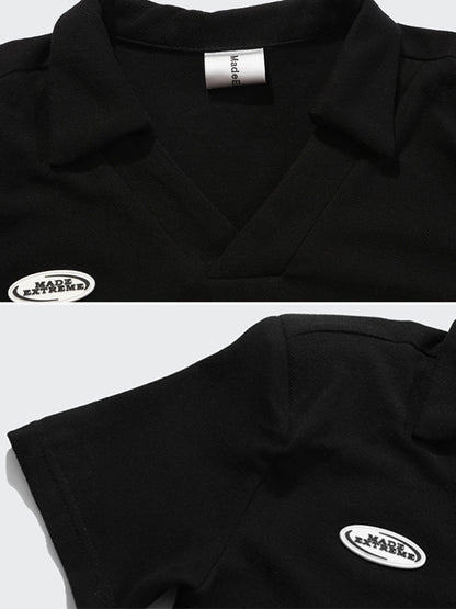 Original Black Lapel V-Neck Hollow T-Shirt