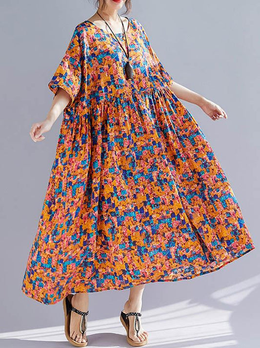 Plus Size Flower Print Round-neck Loose Long Dress