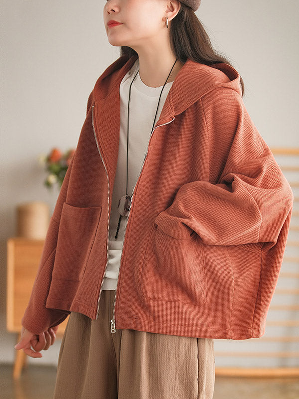 Casual Loose Solid Color Hooded Split-Joint Zipper Outerwear