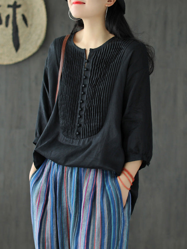 Original Linen Solid Color Pleats T-Shirts Tops