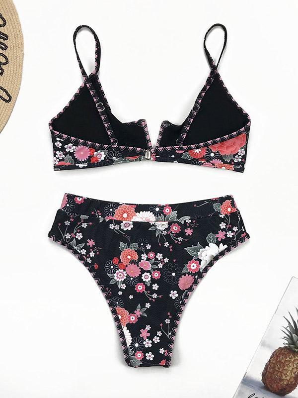 Floral-Print V-Neck Split Bikini Swimsuit
