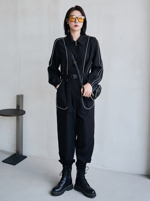 Cool Street Loose High-Waist Zipper Reflective Stripe Lapel Collar Long Sleeves Wide Leg Jumpsuits