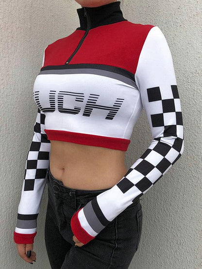 Plaid Printed Zipper Casual Tees