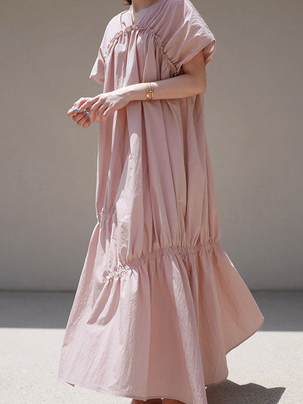 Casual Solid Color Falbala Pleated V-Neck Short Sleeves Maxi Dress