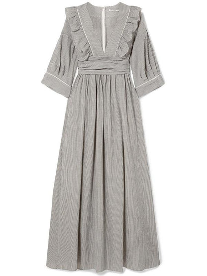 Pinstripe V-neck Half Sleeves Maxi Dress
