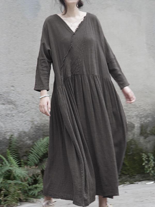 Ramie Cotton V-neck Loose Vintage Solid Midi Dresses