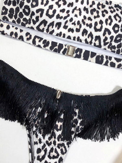 Strapless Tassels Leopard Print Bikini Swimsuit