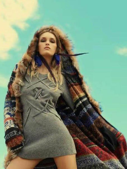 Printed Artificial Fur Hooded Outwears