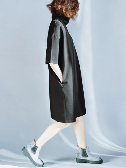 Solid Loose High-neck Half Sleeves Dress