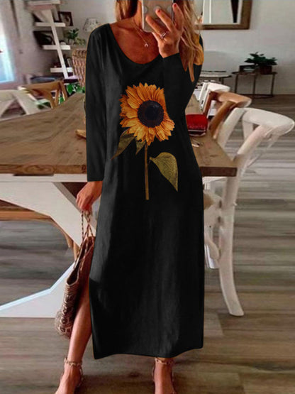 Casual Solid Color Sunflower Printed Split-Side Long Sleeves Midi Dress