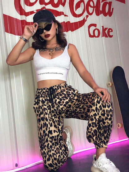 Leopard Printed Wide Leg Athletic Pants