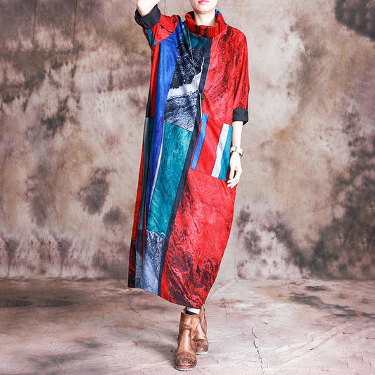 Personalized Multicolored Printed Turtleneck Warm Dress