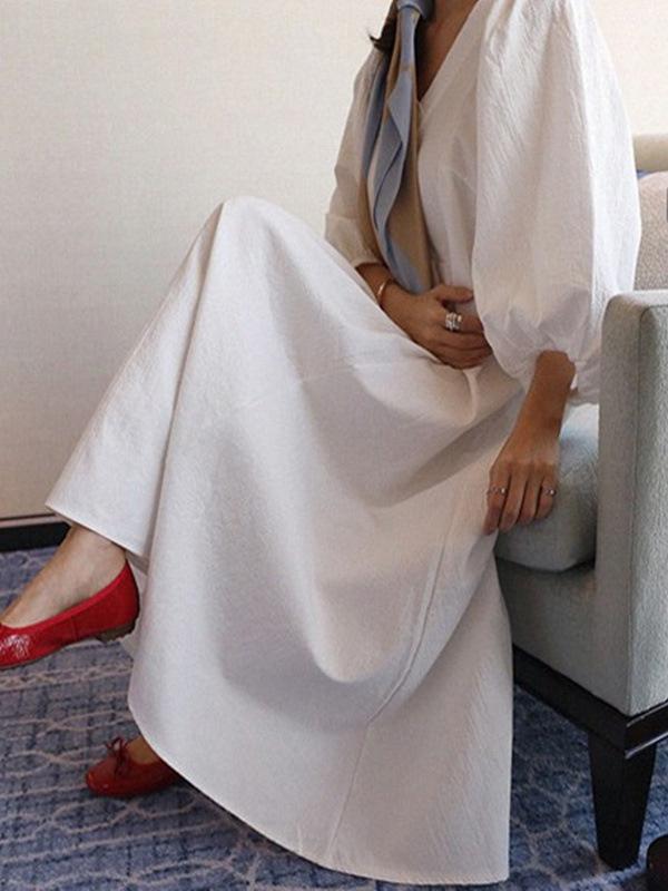 Simple V-neck Loose Plus Size Solid Maxi Dresses