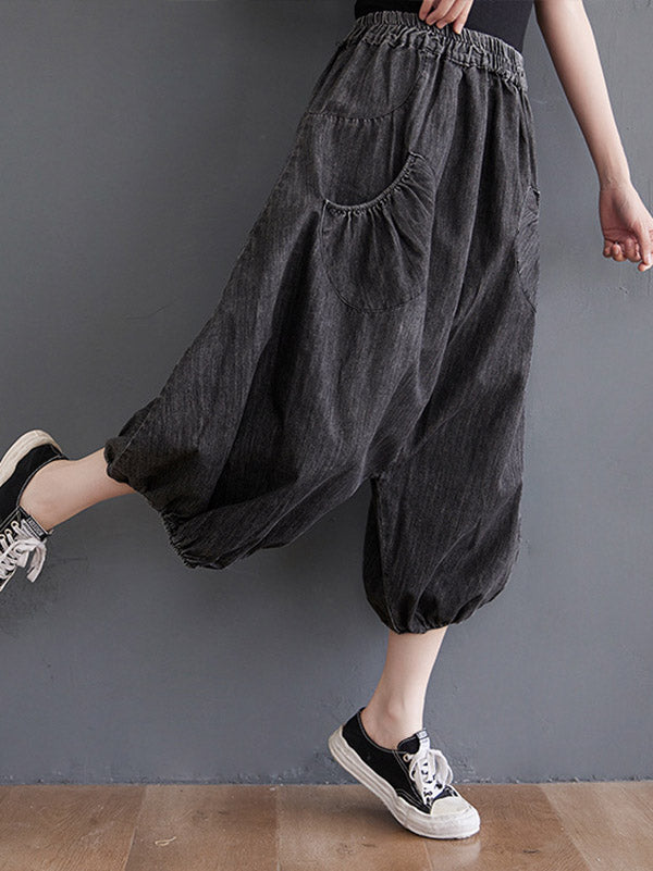 Loose Casual Elasticity High-Waist Wide Legs Jean Pants Knickerbockers
